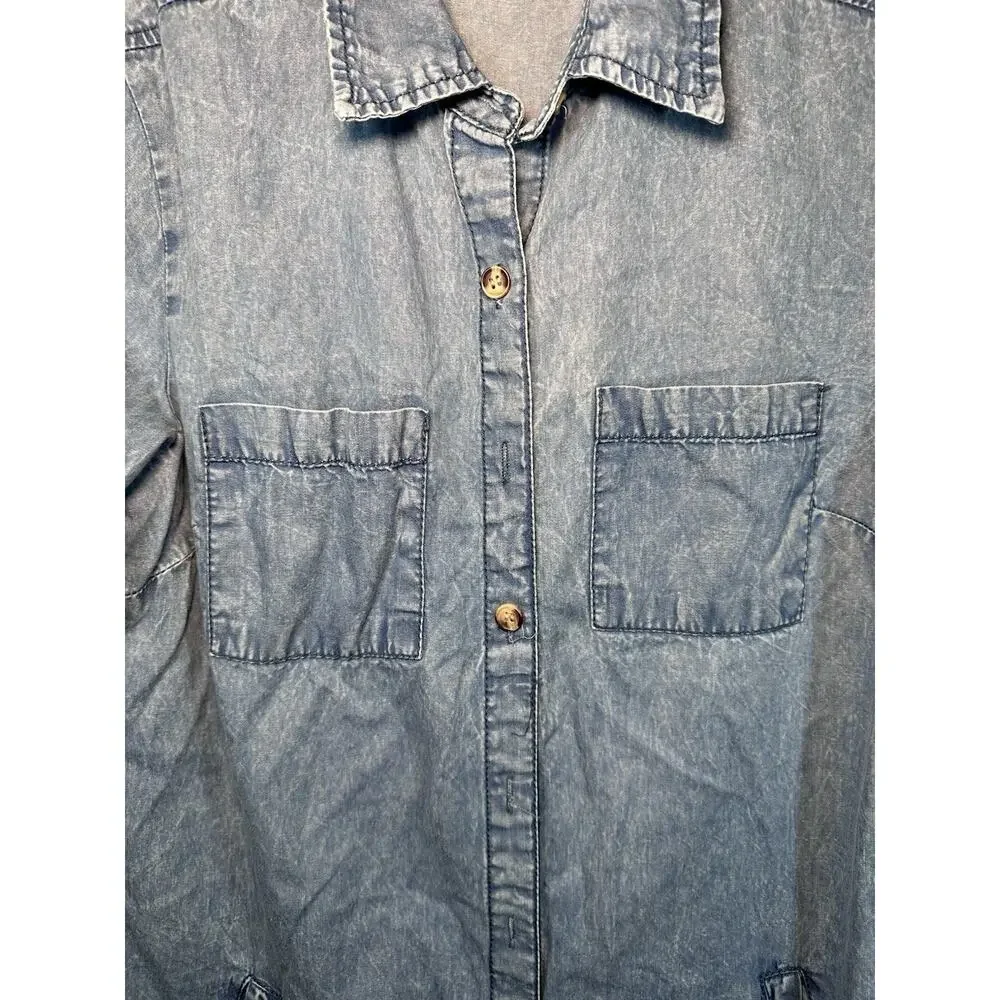 MPH Collection Blue Denim Shirt Dress S Collared Button Front Pockets Knee - Picture 3 of 9